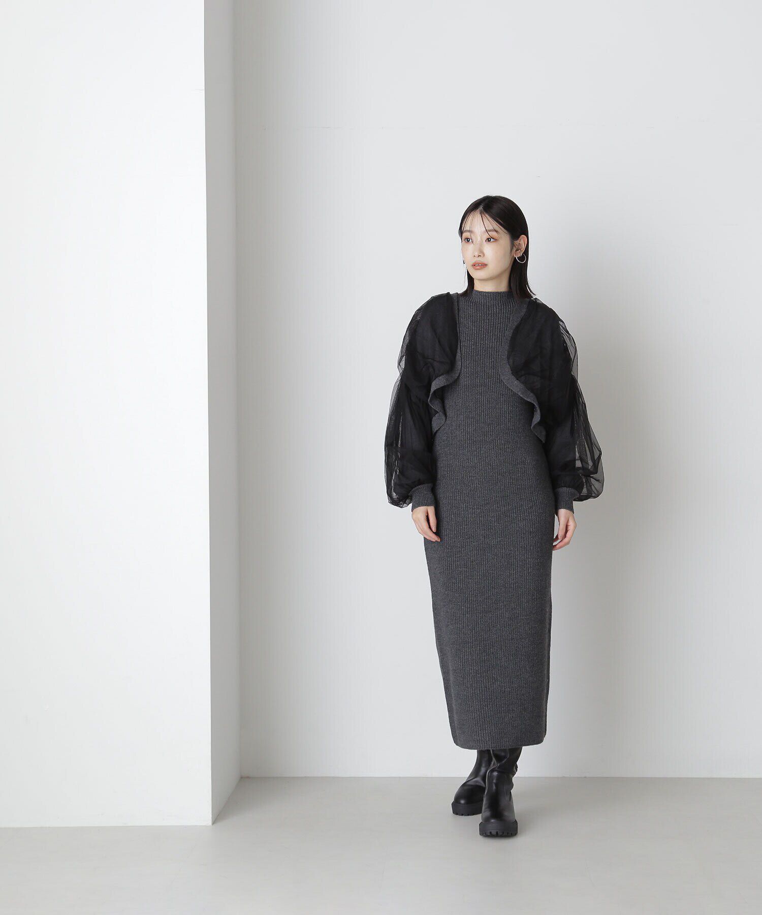  「チュールカーデ＆ニットワンピセット」|ワンピース|