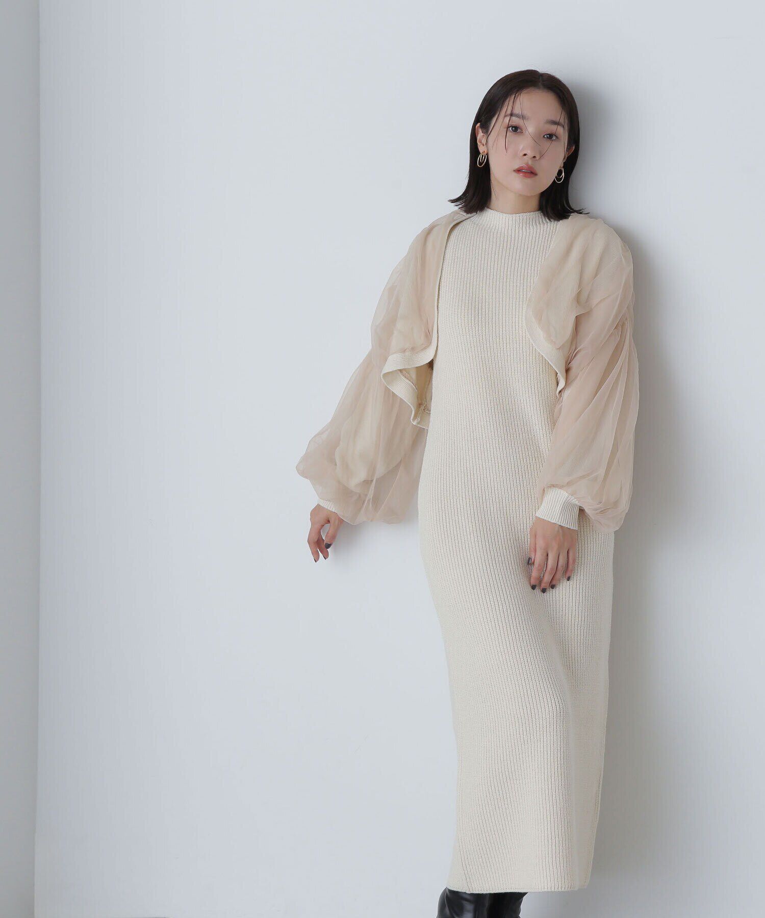  「チュールカーデ＆ニットワンピセット」|ワンピース|オフ&times;グレー  2