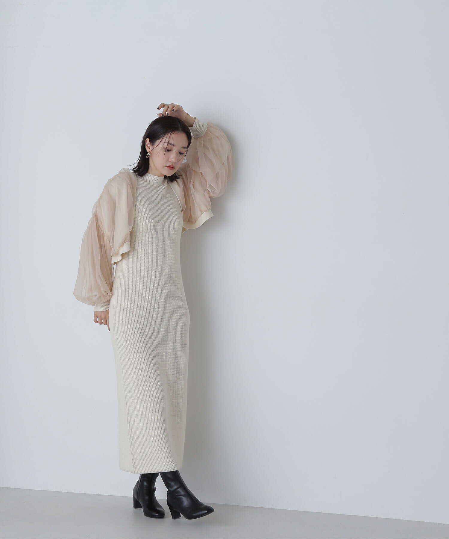  「チュールカーデ＆ニットワンピセット」|ワンピース|