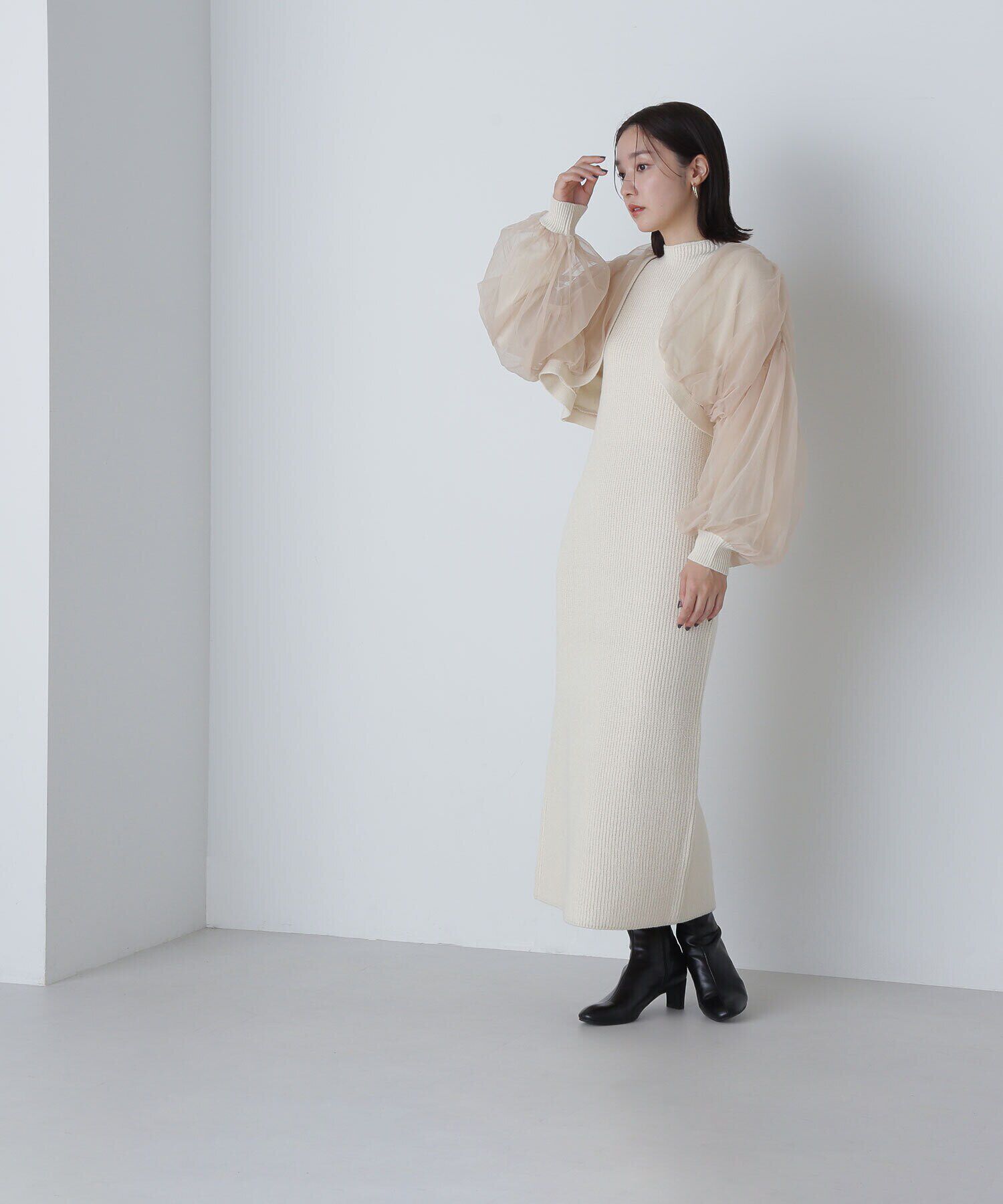  「チュールカーデ＆ニットワンピセット」|ワンピース|