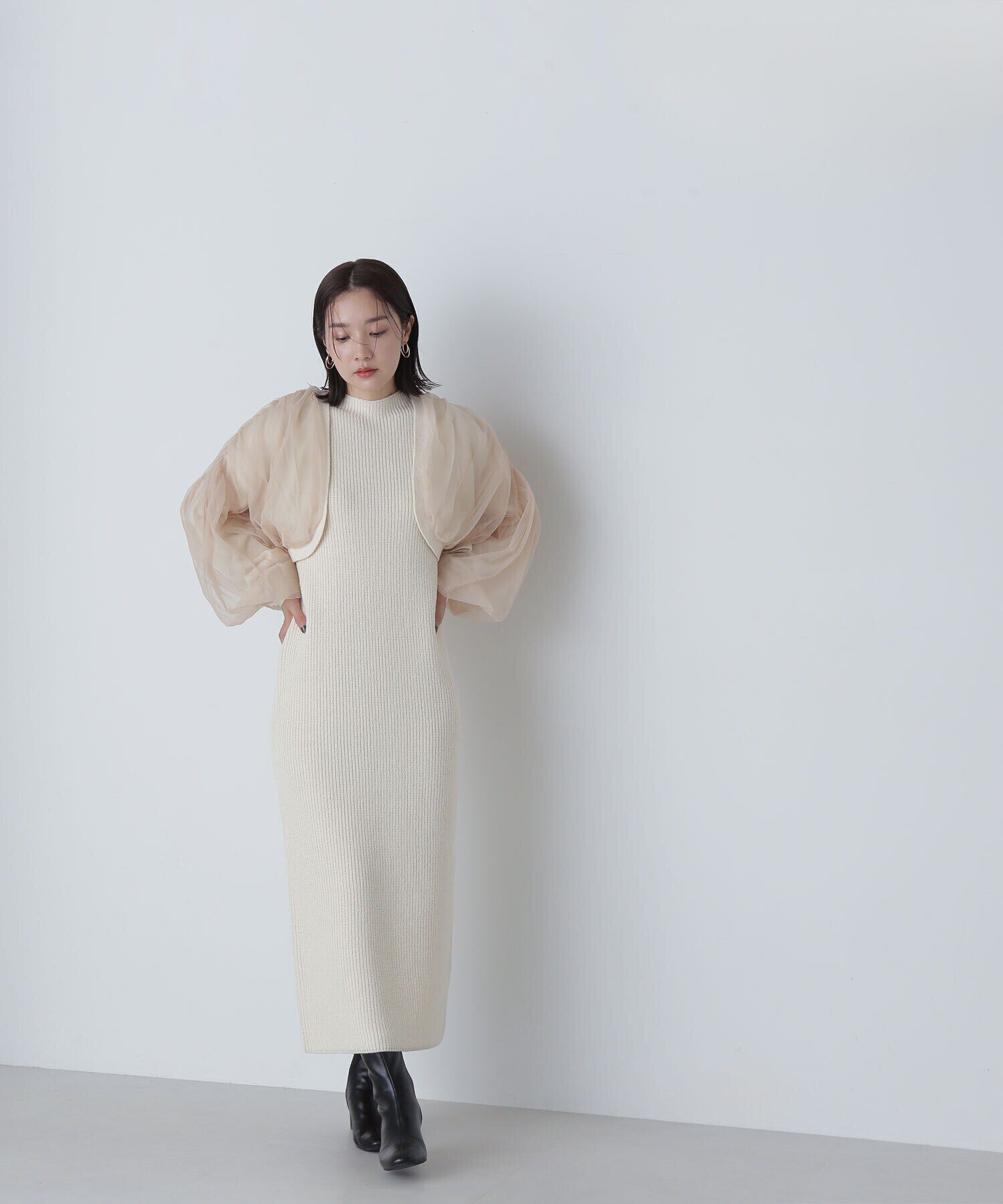  「チュールカーデ＆ニットワンピセット」|ワンピース|