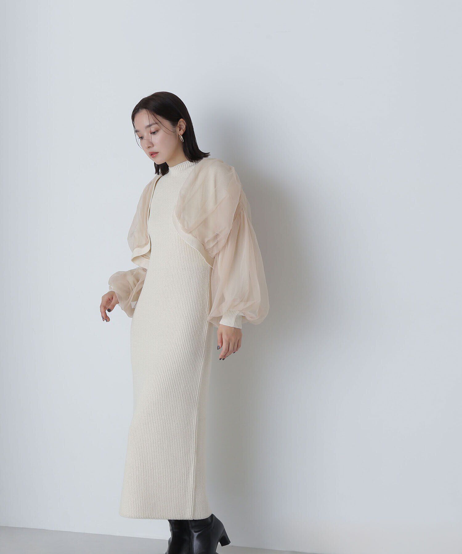  「チュールカーデ＆ニットワンピセット」|ワンピース|