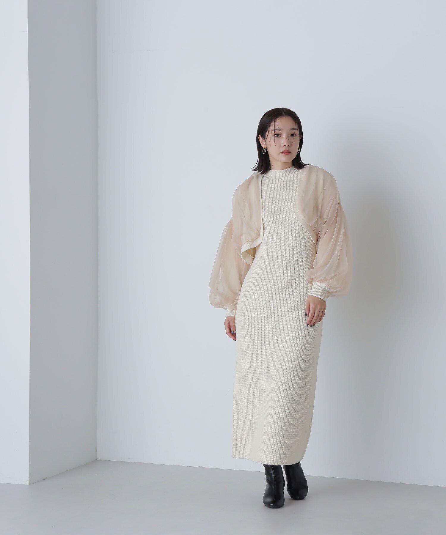  「チュールカーデ＆ニットワンピセット」|ワンピース|