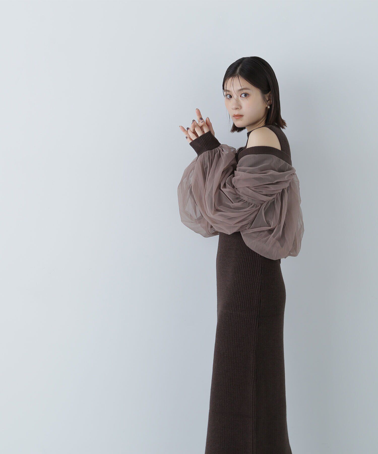  「チュールカーデ＆ニットワンピセット」|ワンピース|ブラウン&times;モ  2