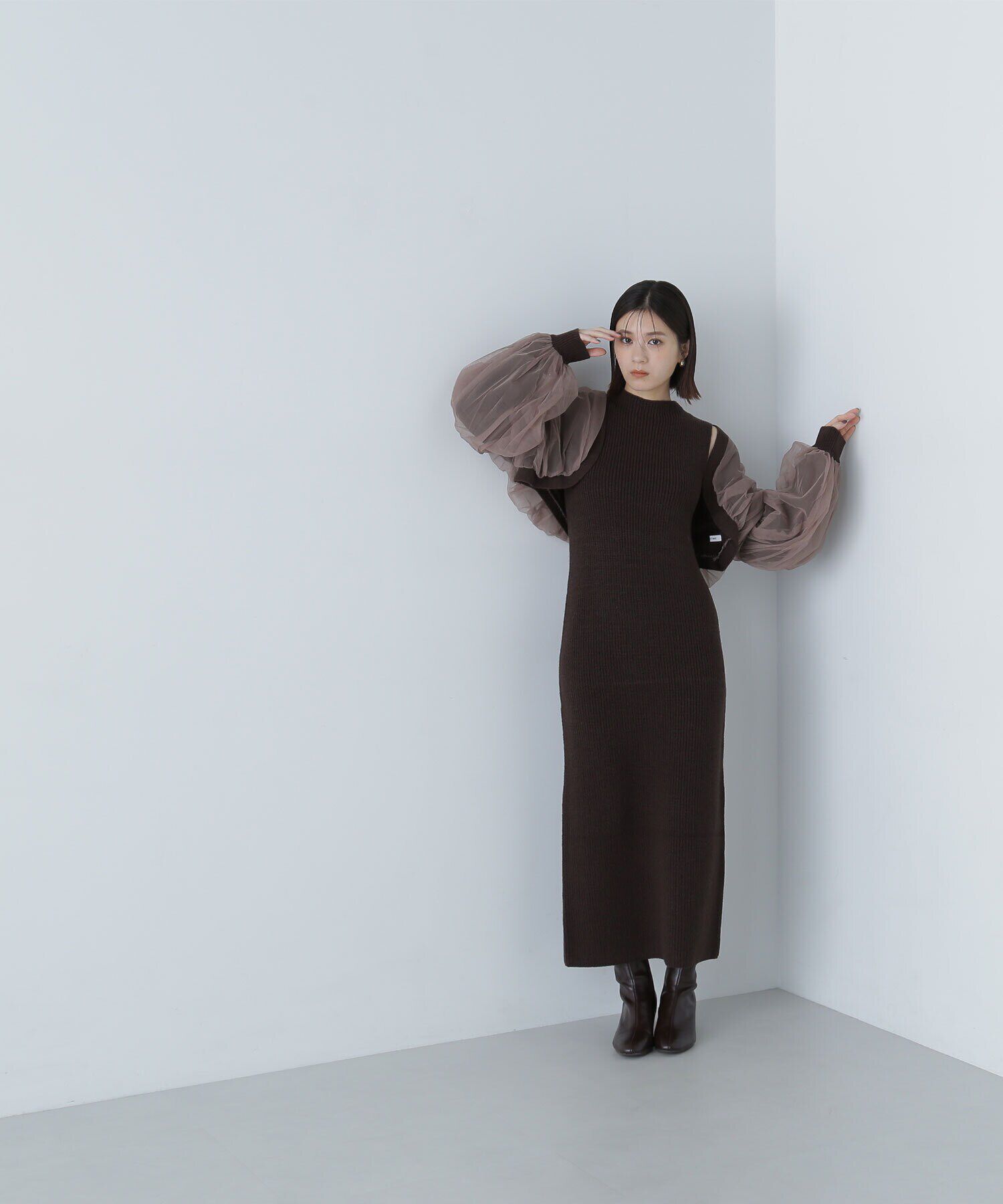  「チュールカーデ＆ニットワンピセット」|ワンピース|