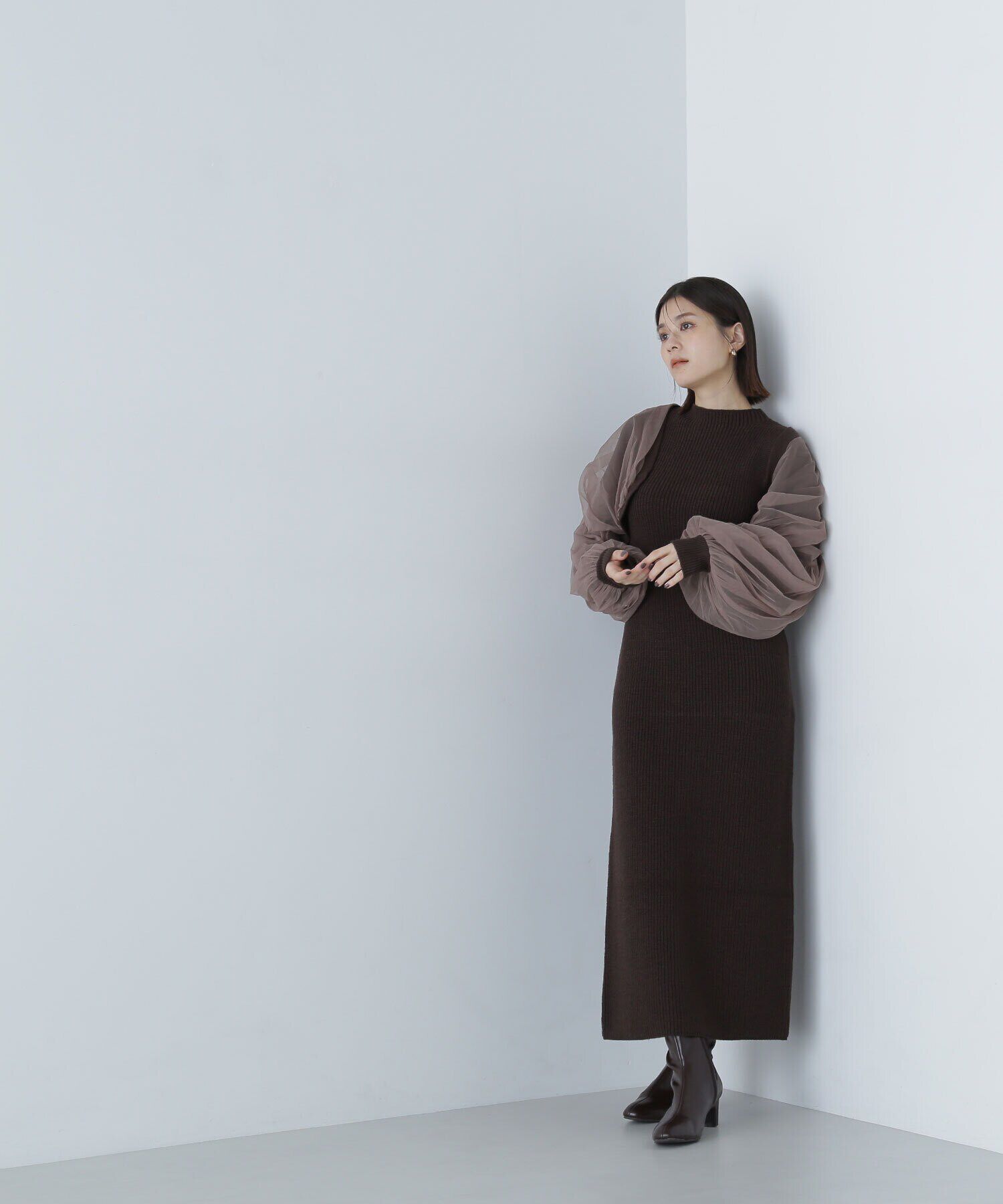  「チュールカーデ＆ニットワンピセット」|ワンピース|