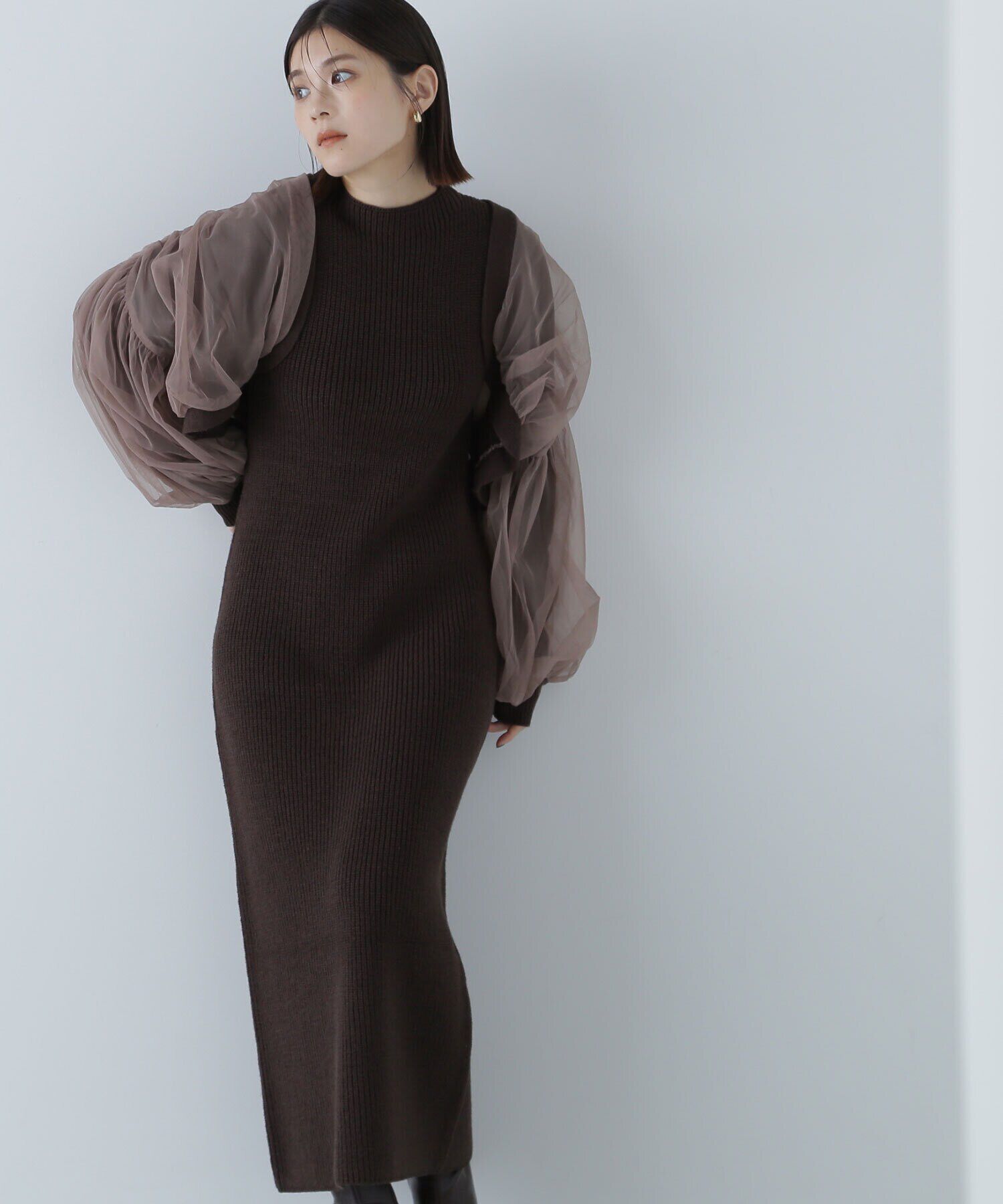  「チュールカーデ＆ニットワンピセット」|ワンピース|