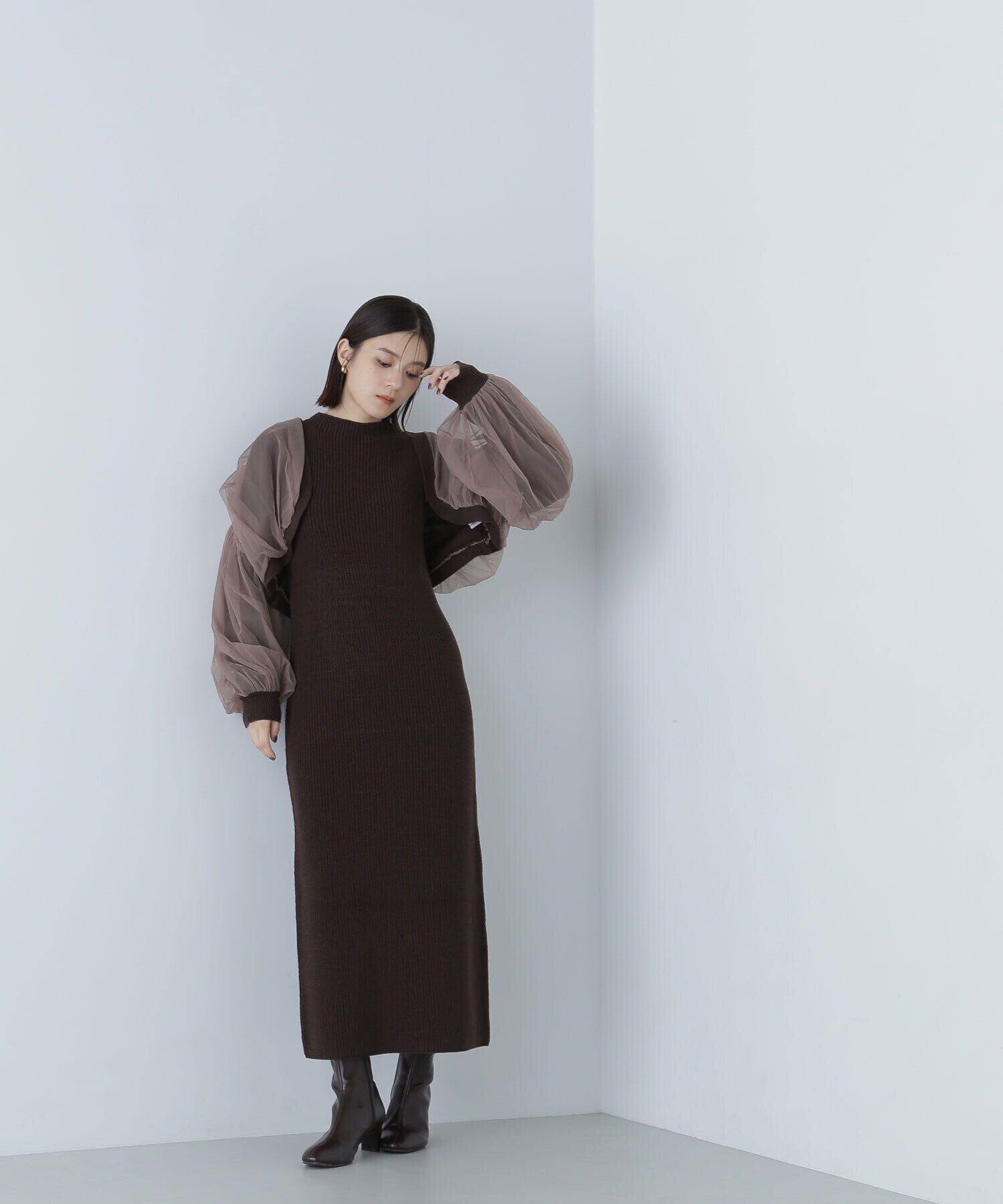  「チュールカーデ＆ニットワンピセット」|ワンピース|