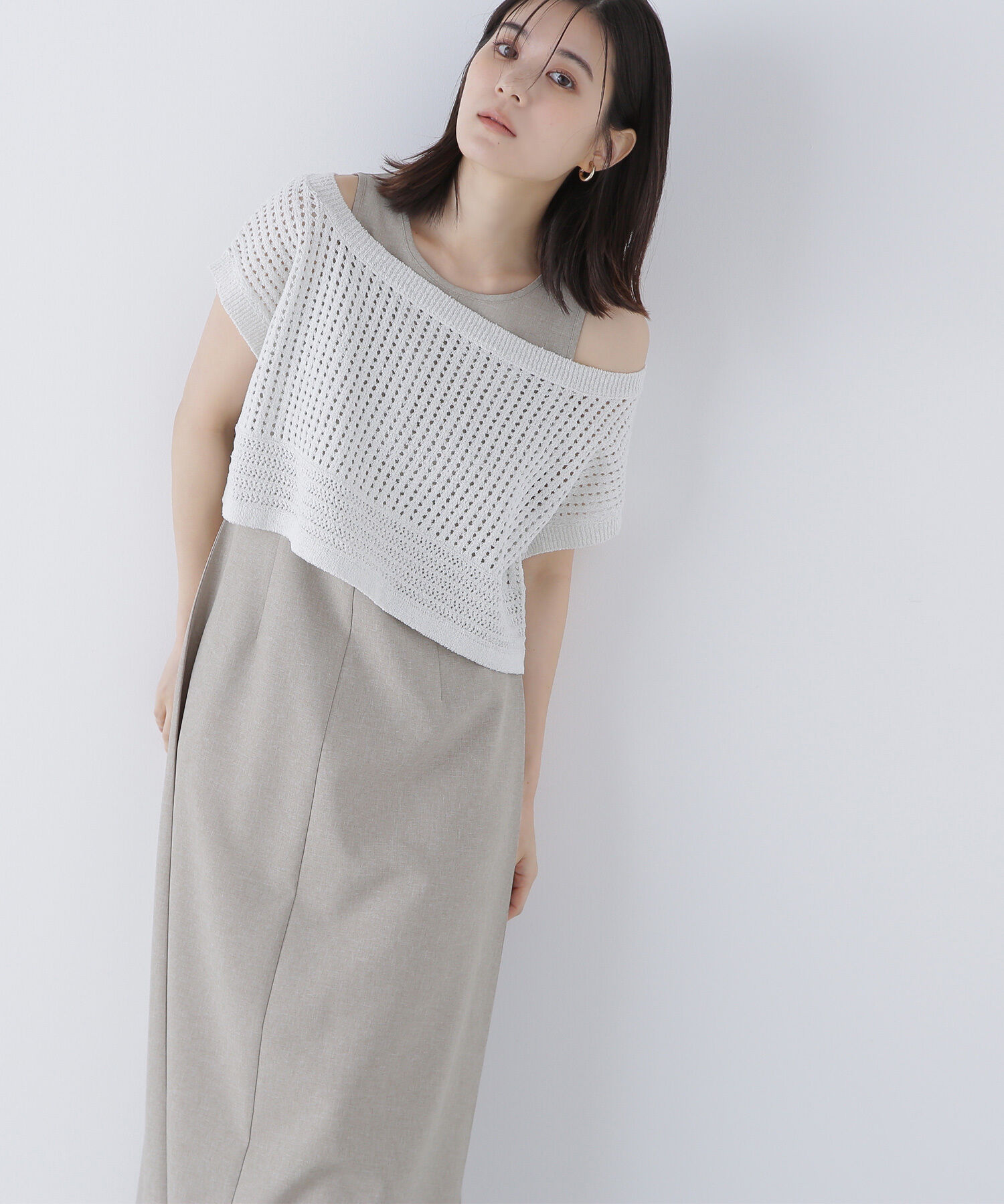  「透かし編みニット＆アメスリワンピース」|ワンピース|ベージュ&times;オ  2