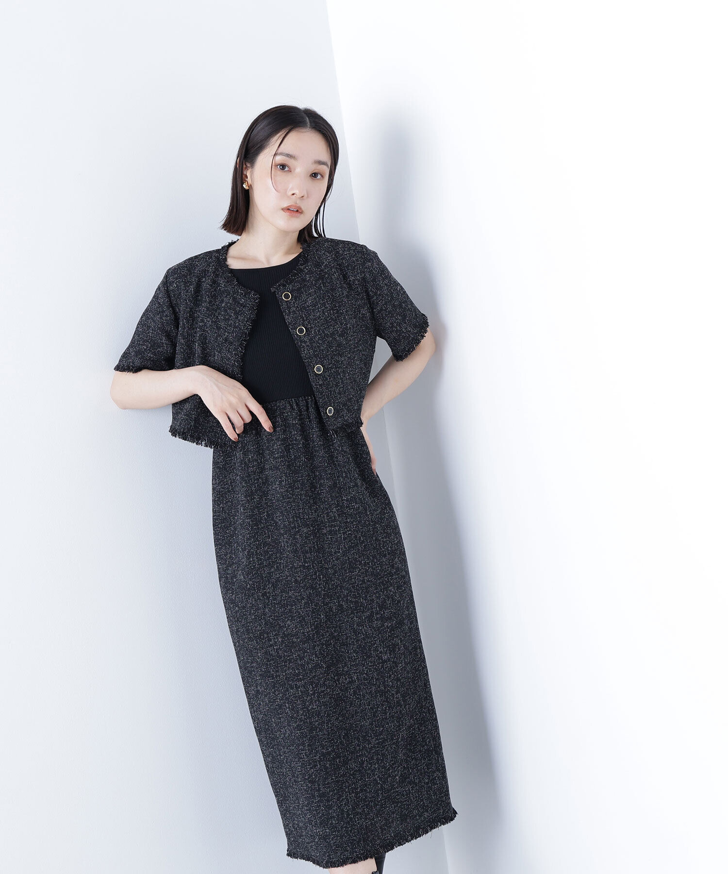  「ツイードジャケット＆ナローワンピース」|ワンピース|ブラック系2