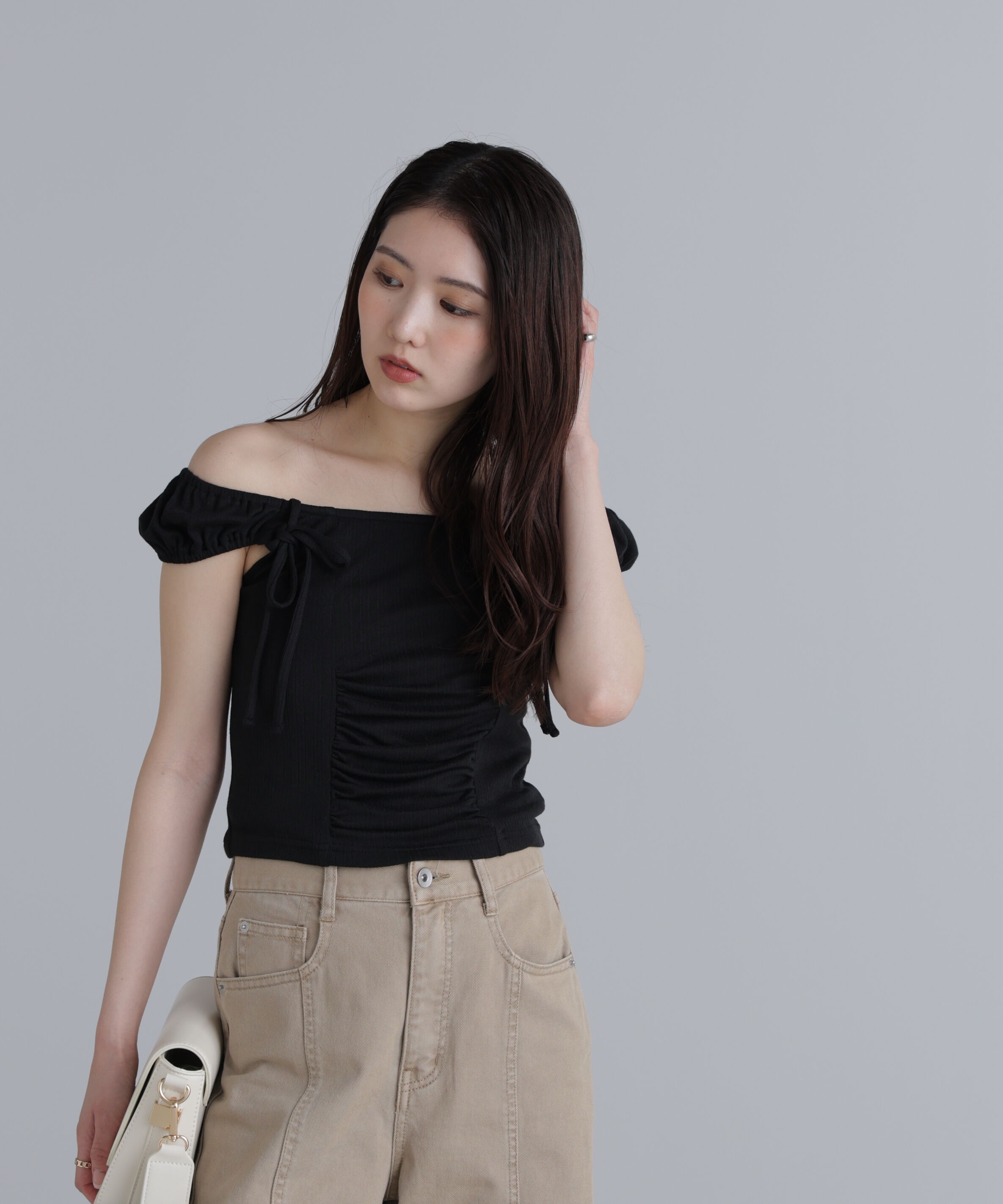  「オフショルリボンカットソー」|Tシャツ・カットソー|ブラック