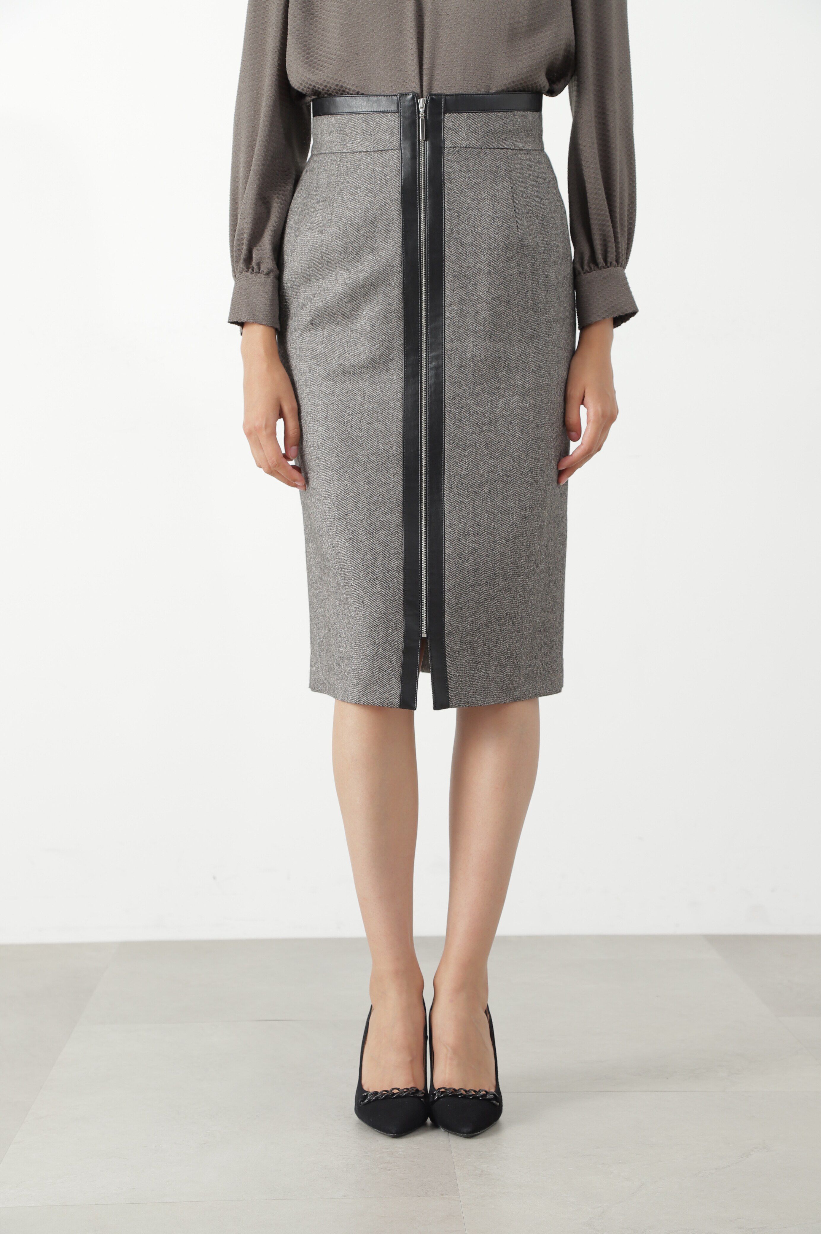  「◆レザーコンビタイトスカート」|スカート|グレー