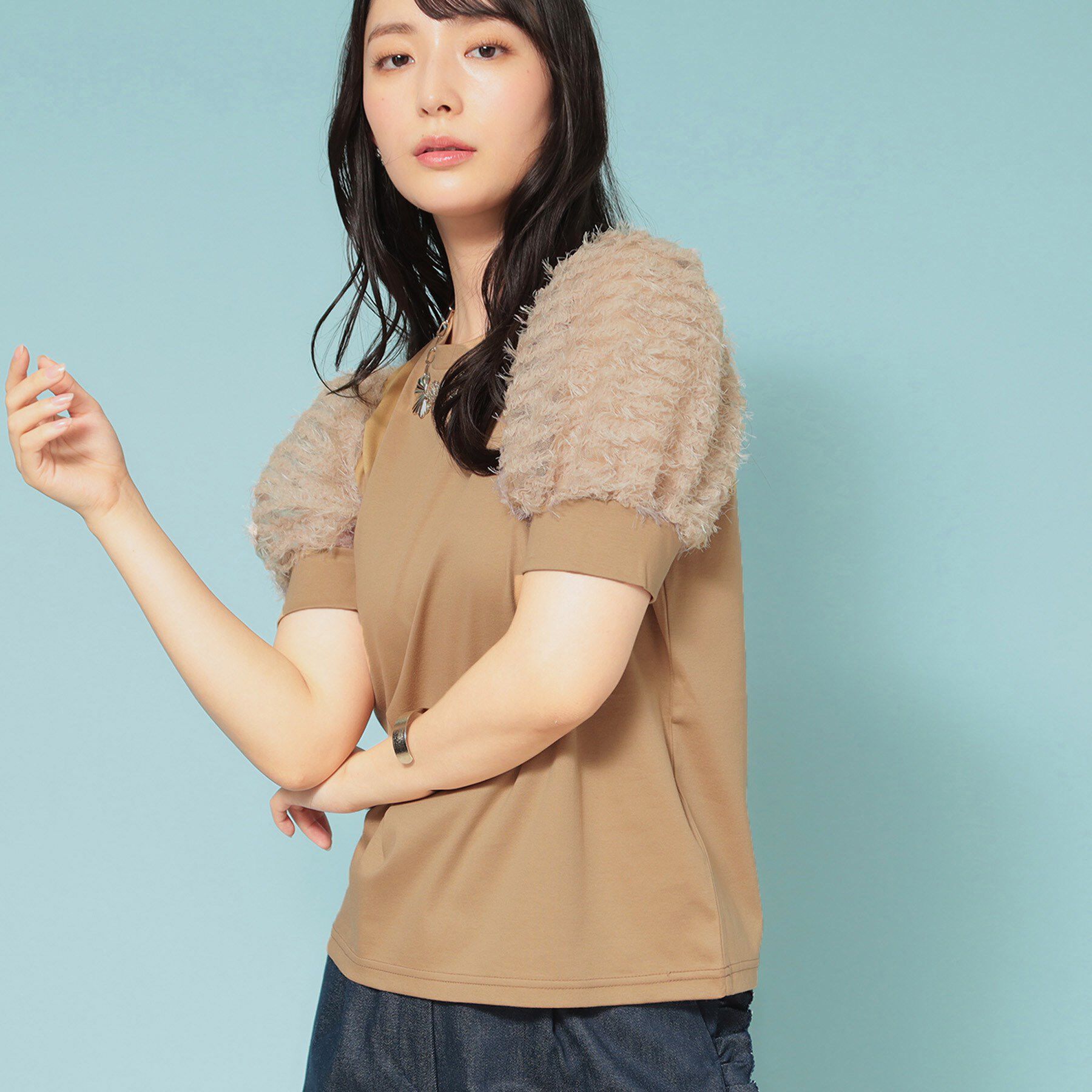 SunaUna「【秋まで着られる／袖チュール】パフスリーブカットソー」|Tシャツ・カットソー|