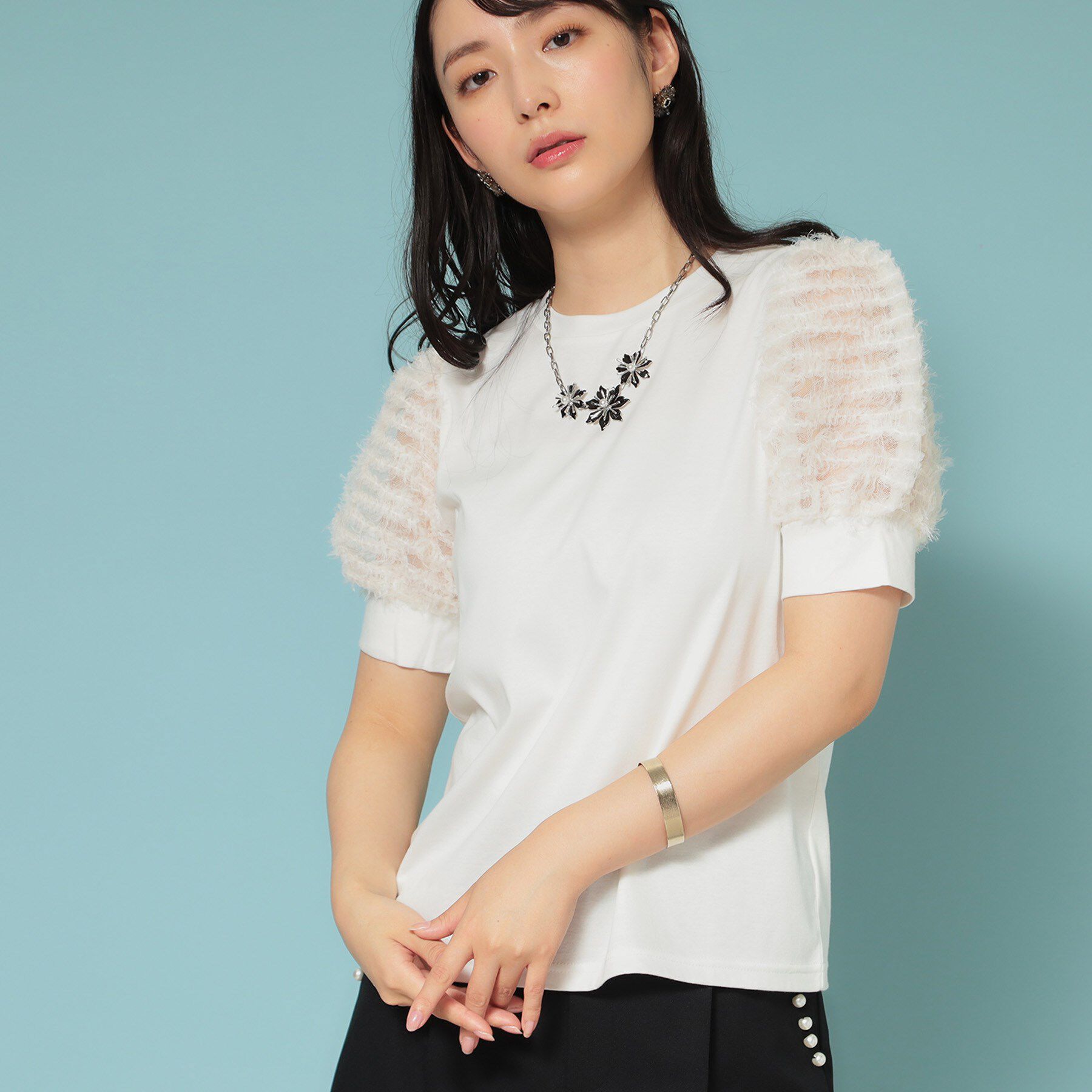 SunaUna「【秋まで着られる／袖チュール】パフスリーブカットソー」|Tシャツ・カットソー|