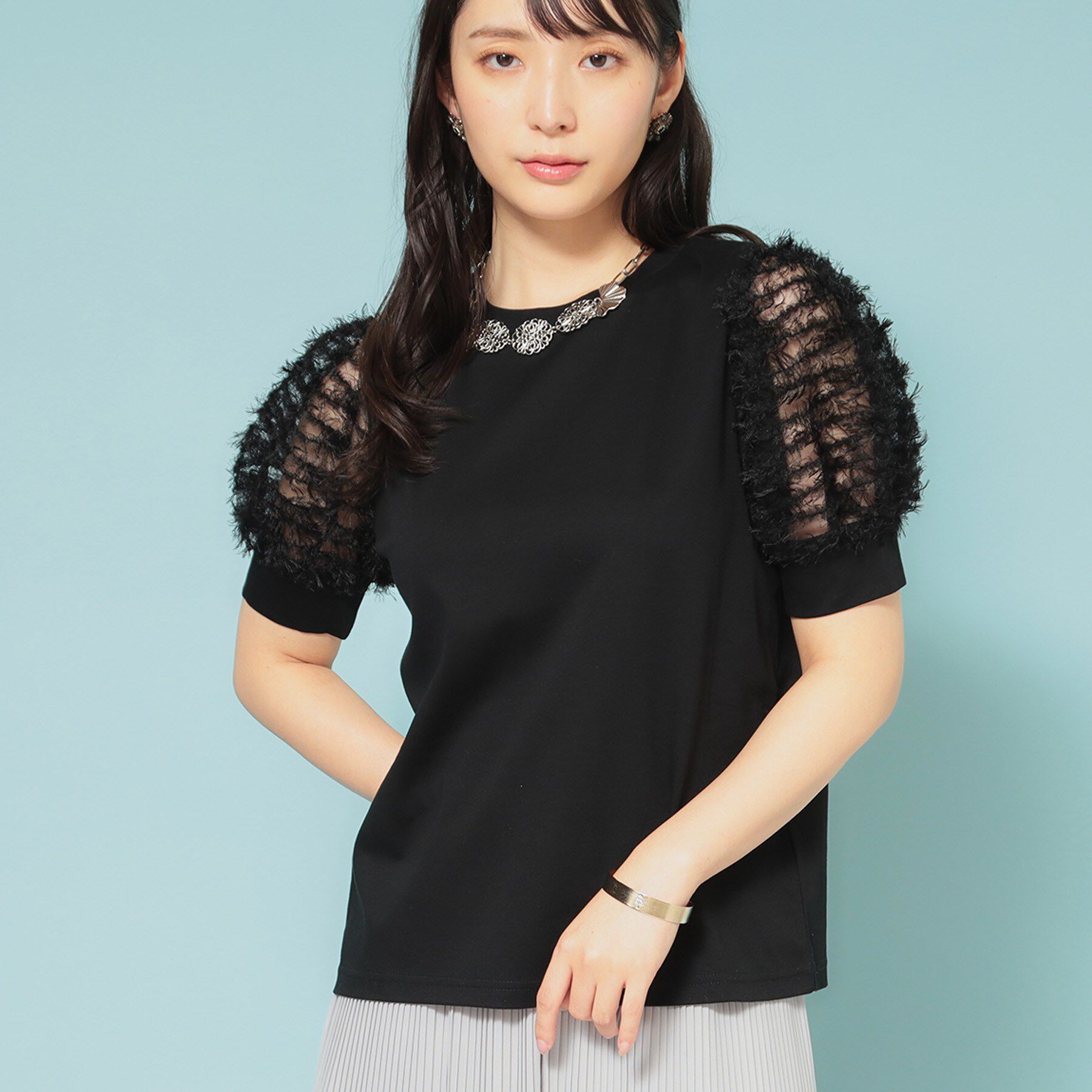 SunaUna「【秋まで着られる／袖チュール】パフスリーブカットソー」|Tシャツ・カットソー|