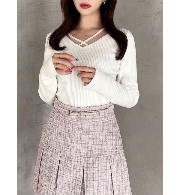 RESEXXY「デコルテクロスニットトップス」|ニット・セーター|ホワイト