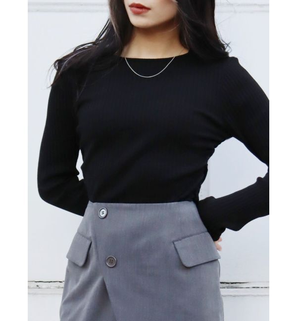 EVRIS「サイドギャザーリブトップス」|Tシャツ・カットソー|ブラック