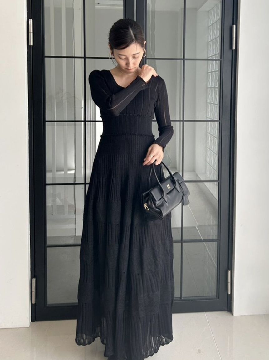 SNIDEL「レースクロシェロングドレス」|ワンピース|BLK