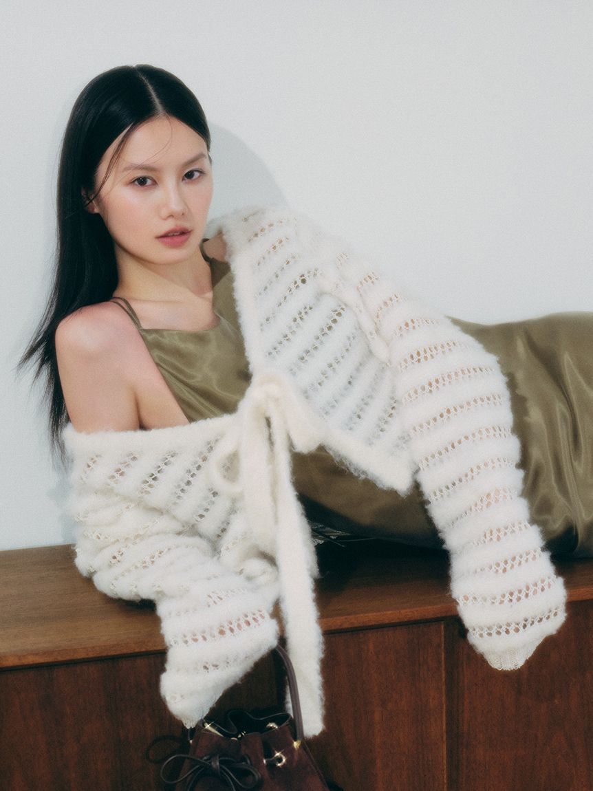 FRAY I.D「ネット編みシャギーボーダーカーデ」|カーディガン|