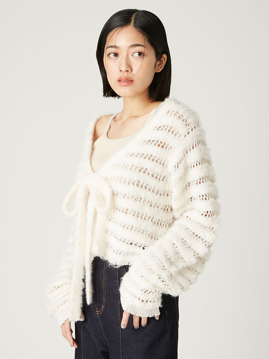 FRAY I.D「ネット編みシャギーボーダーカーデ」|カーディガン|