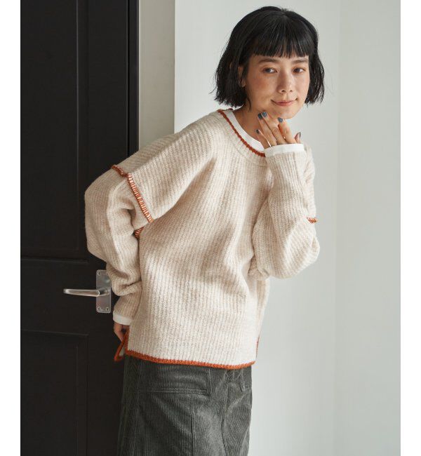 Lbc with Life「ステッチ配色畦ラインニットプルオーバー」|カーディガン|オフホワイト