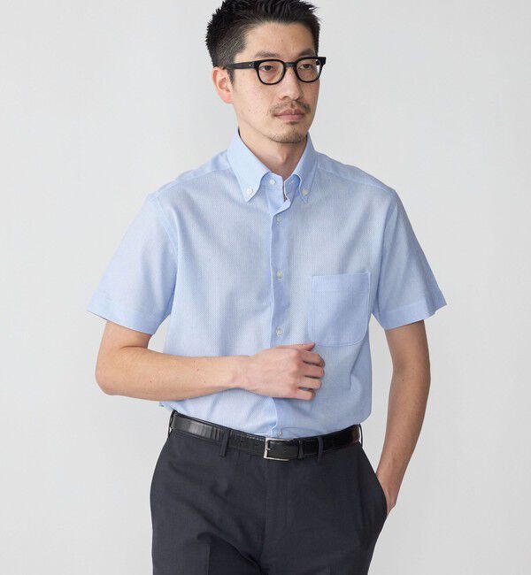SHIPS「SHIPS: カラミ織り ボタンダウン 無地 半袖 シャツ」|シャツ・ブラウス|スカイブルー
