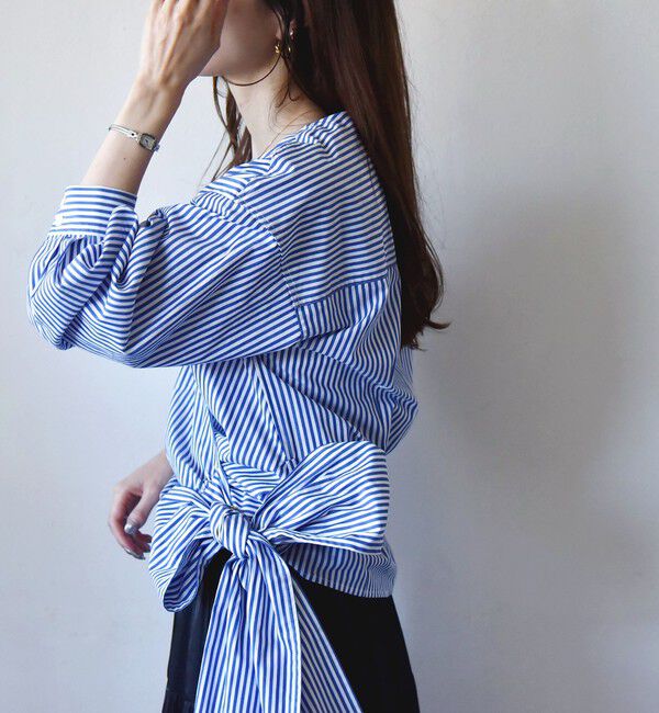 quaranciel「quaranciel:〈洗濯機可能〉ストライプ カシュクール シャツ ブラウス」|シャツ・ブラウス|ブルー