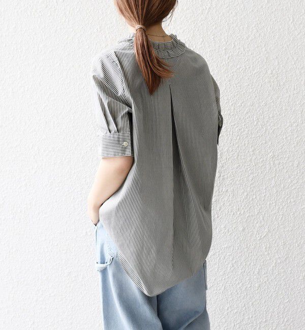 SHIPS any「SHIPS any:〈手洗い可能〉ストライプ フリル Vネック ハーフスリーブ ブラウス」|シャツ・ブラウス|