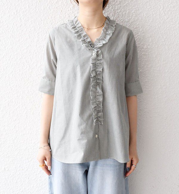 SHIPS any「SHIPS any:〈手洗い可能〉ストライプ フリル Vネック ハーフスリーブ ブラウス」|シャツ・ブラウス|