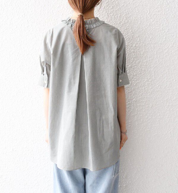 SHIPS any「SHIPS any:〈手洗い可能〉ストライプ フリル Vネック ハーフスリーブ ブラウス」|シャツ・ブラウス|