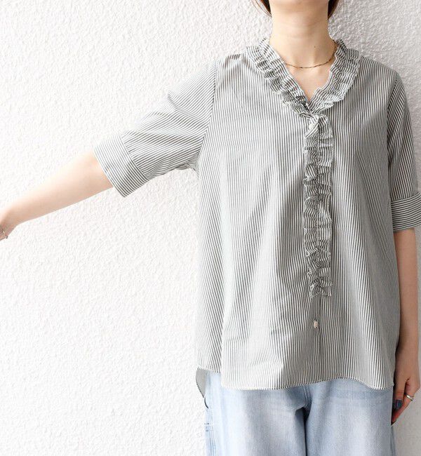 SHIPS any「SHIPS any:〈手洗い可能〉ストライプ フリル Vネック ハーフスリーブ ブラウス」|シャツ・ブラウス|