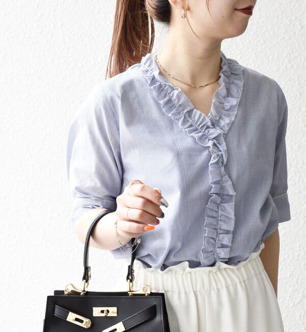 SHIPS any「SHIPS any:〈手洗い可能〉ストライプ フリル Vネック ハーフスリーブ ブラウス」|シャツ・ブラウス|ブルー