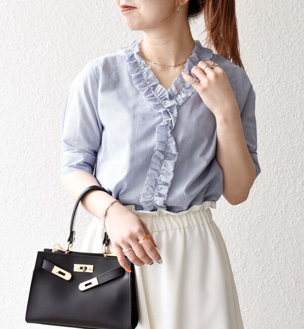 SHIPS any「SHIPS any:〈手洗い可能〉ストライプ フリル Vネック ハーフスリーブ ブラウス」|シャツ・ブラウス|