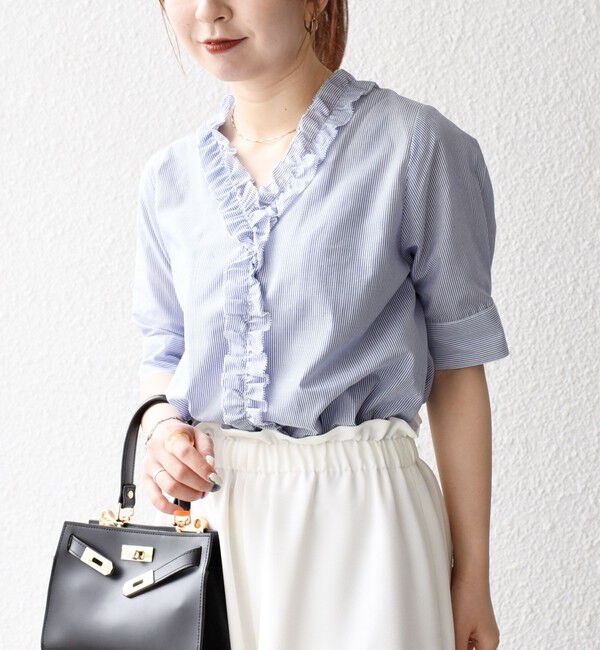 SHIPS any「SHIPS any:〈手洗い可能〉ストライプ フリル Vネック ハーフスリーブ ブラウス」|シャツ・ブラウス|