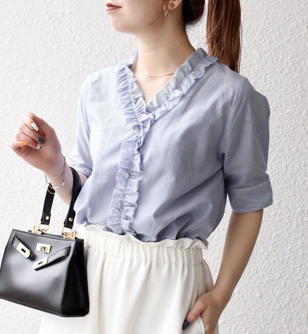 SHIPS any「SHIPS any:〈手洗い可能〉ストライプ フリル Vネック ハーフスリーブ ブラウス」|シャツ・ブラウス|