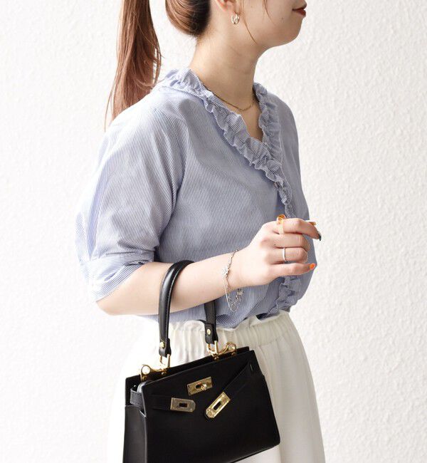 SHIPS any「SHIPS any:〈手洗い可能〉ストライプ フリル Vネック ハーフスリーブ ブラウス」|シャツ・ブラウス|