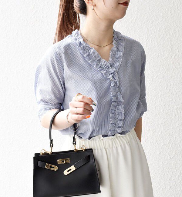 SHIPS any「SHIPS any:〈手洗い可能〉ストライプ フリル Vネック ハーフスリーブ ブラウス」|シャツ・ブラウス|