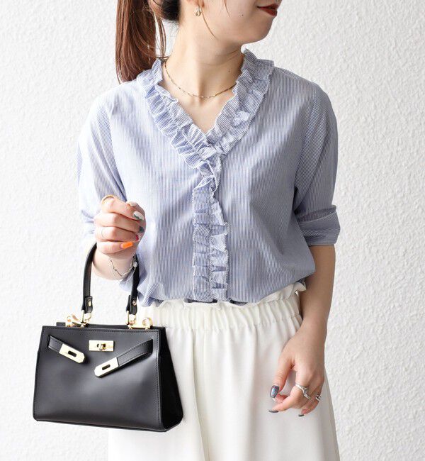 SHIPS any「SHIPS any:〈手洗い可能〉ストライプ フリル Vネック ハーフスリーブ ブラウス」|シャツ・ブラウス|