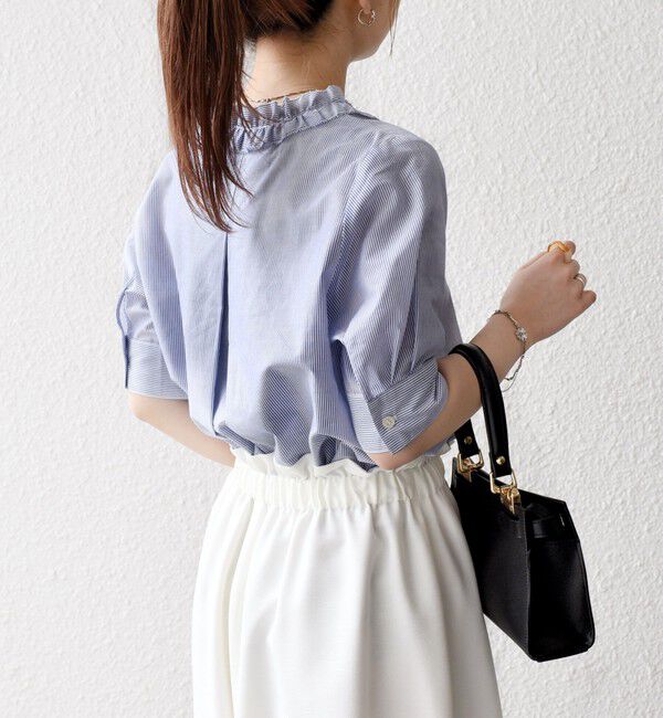 SHIPS any「SHIPS any:〈手洗い可能〉ストライプ フリル Vネック ハーフスリーブ ブラウス」|シャツ・ブラウス|