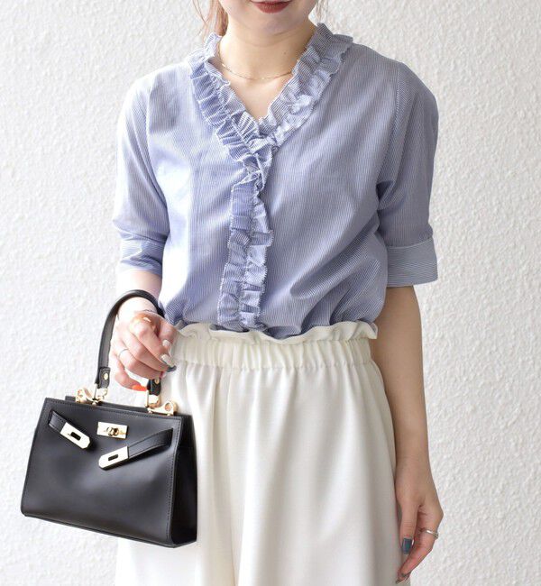 SHIPS any「SHIPS any:〈手洗い可能〉ストライプ フリル Vネック ハーフスリーブ ブラウス」|シャツ・ブラウス|