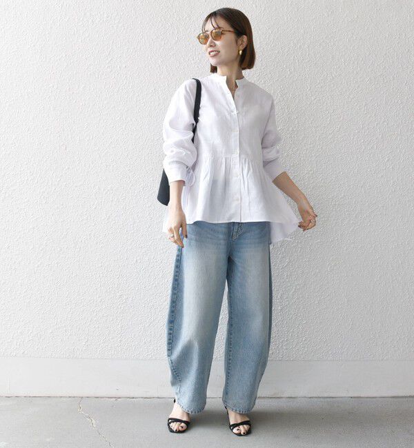 SHIPS any「SHIPS any:〈洗濯機可能〉リネン ミックス リボン ペプラム バンドカラー シャツ 2」|シャツ・ブラウス|