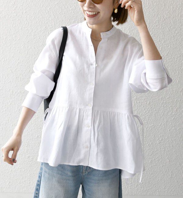 SHIPS any「SHIPS any:〈洗濯機可能〉リネン ミックス リボン ペプラム バンドカラー シャツ 2」|シャツ・ブラウス|