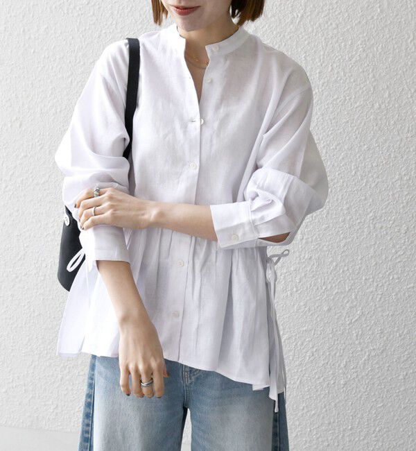 SHIPS any「SHIPS any:〈洗濯機可能〉リネン ミックス リボン ペプラム バンドカラー シャツ 2」|シャツ・ブラウス|