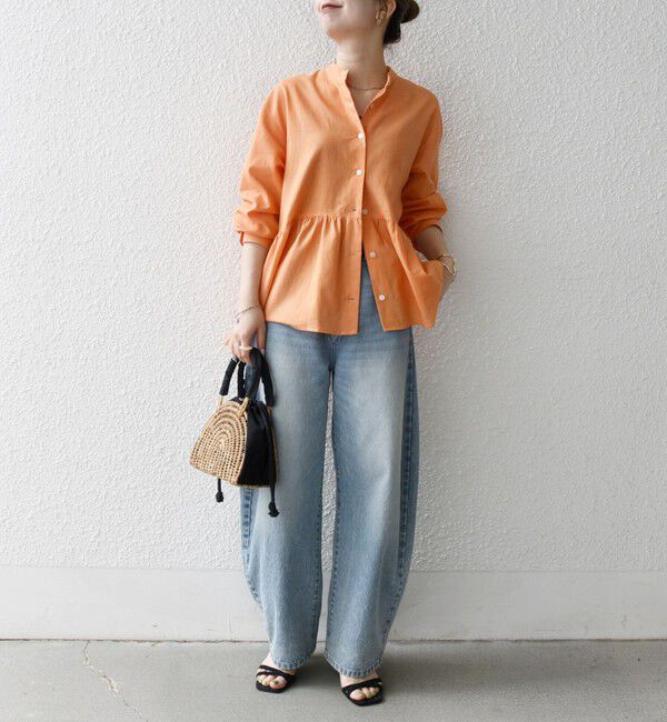 SHIPS any「SHIPS any:〈洗濯機可能〉リネン ミックス リボン ペプラム バンドカラー シャツ 2」|シャツ・ブラウス|