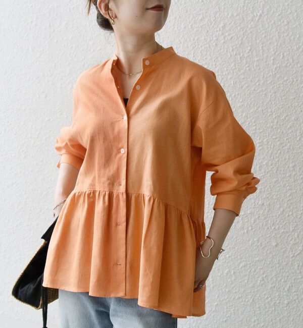 SHIPS any「SHIPS any:〈洗濯機可能〉リネン ミックス リボン ペプラム バンドカラー シャツ 2」|シャツ・ブラウス|