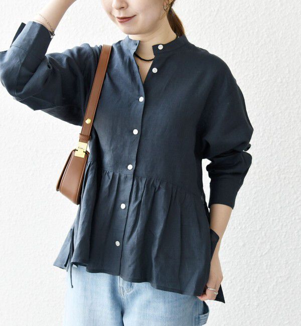 SHIPS any「SHIPS any:〈洗濯機可能〉リネン ミックス リボン ペプラム バンドカラー シャツ 2」|シャツ・ブラウス|ネイビー