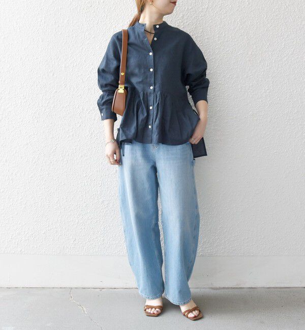 SHIPS any「SHIPS any:〈洗濯機可能〉リネン ミックス リボン ペプラム バンドカラー シャツ 2」|シャツ・ブラウス|