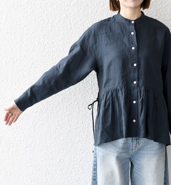 SHIPS any「SHIPS any:〈洗濯機可能〉リネン ミックス リボン ペプラム バンドカラー シャツ 2」|シャツ・ブラウス|
