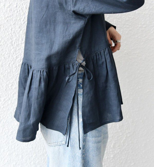 SHIPS any「SHIPS any:〈洗濯機可能〉リネン ミックス リボン ペプラム バンドカラー シャツ 2」|シャツ・ブラウス|