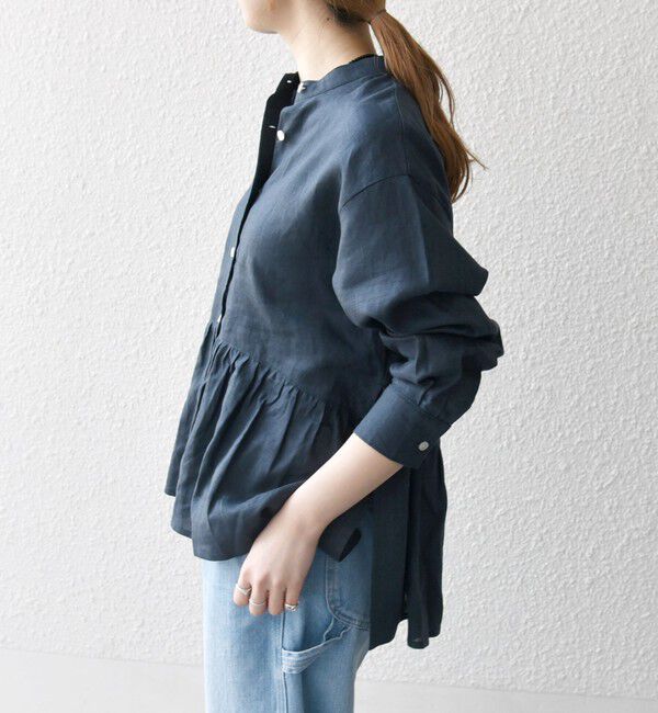 SHIPS any「SHIPS any:〈洗濯機可能〉リネン ミックス リボン ペプラム バンドカラー シャツ 2」|シャツ・ブラウス|